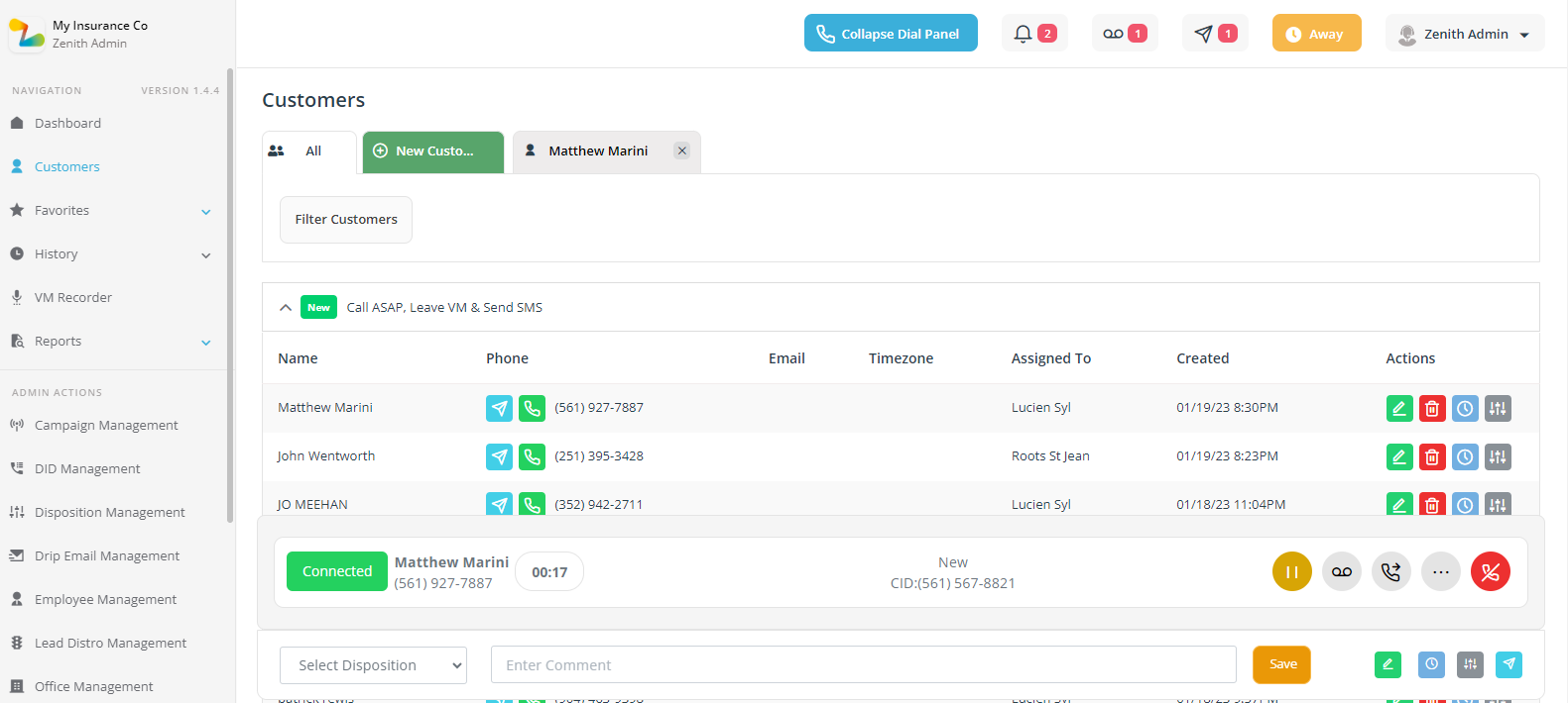 screenshot of Zenith CRM